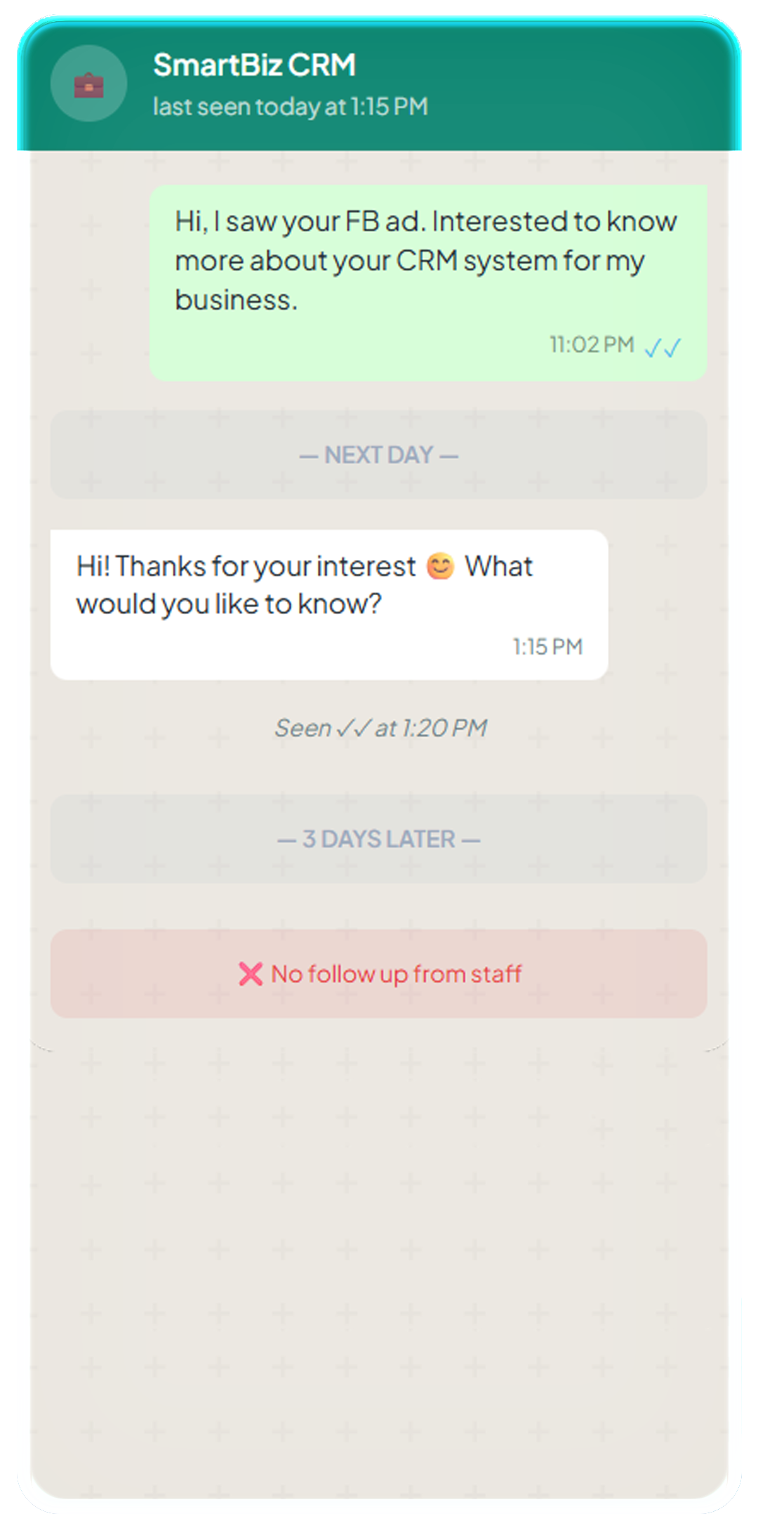 Slow reply, no follow-up.actual WhatsApp screenshot