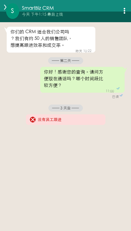 回复慢加没跟进 · WhatsApp 真实聊天截图