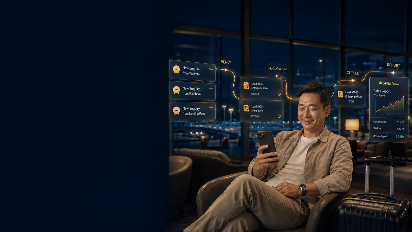 AI Sales Team 从询问到成交到 report 的运作示意